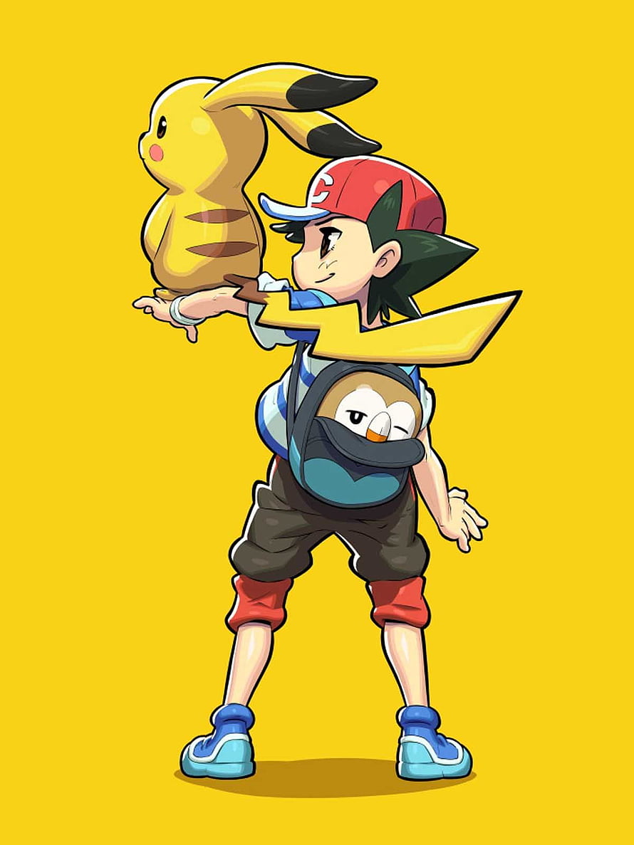Satoshi with Pikachu and Rowlet in a playful pose on a yellow background HD phone wallpaper
