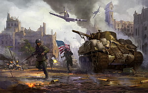 Hearts of Iron IV WWII Urban Combat Artwork with American Soldiers and Tank HD wallpaper