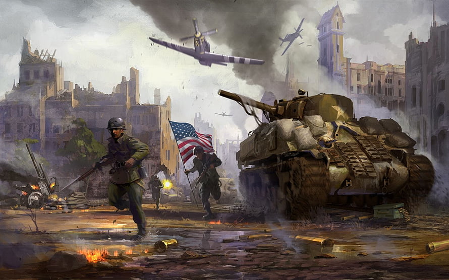 Hearts of Iron IV WWII Urban Combat Artwork with American Soldiers and Tank HD wallpaper