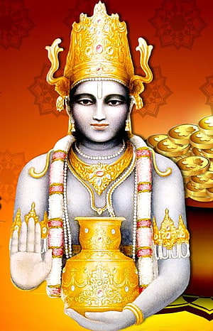 Dhanvantari deity holding golden pot with coins and ornate crown on festive background HD phone wallpaper