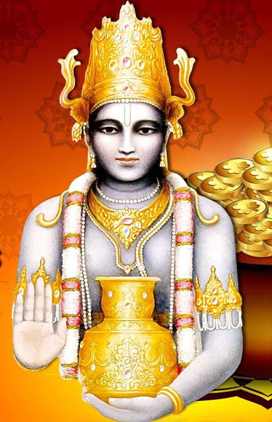 Dhanvantari deity holding golden pot with coins and ornate crown on festive background HD phone wallpaper
