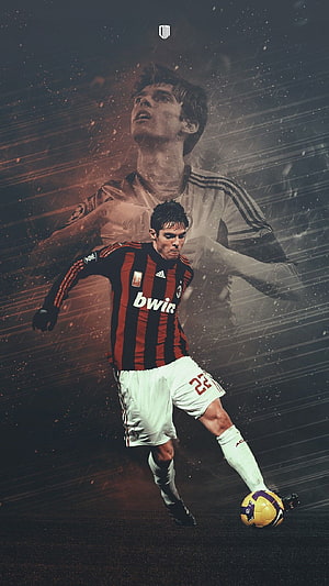 Kaka in AC Milan Striped Kit Dribbling Ball with Dramatic Double Exposure Effect HD phone wallpaper