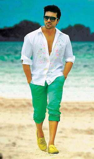 Prabhas in white shirt and green trousers on a tropical beach HD phone wallpaper