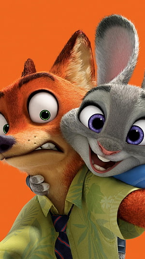 Nick Wilde and Judy Hopps from Zootopia in a Playful Close-Up Portrait HD phone wallpaper