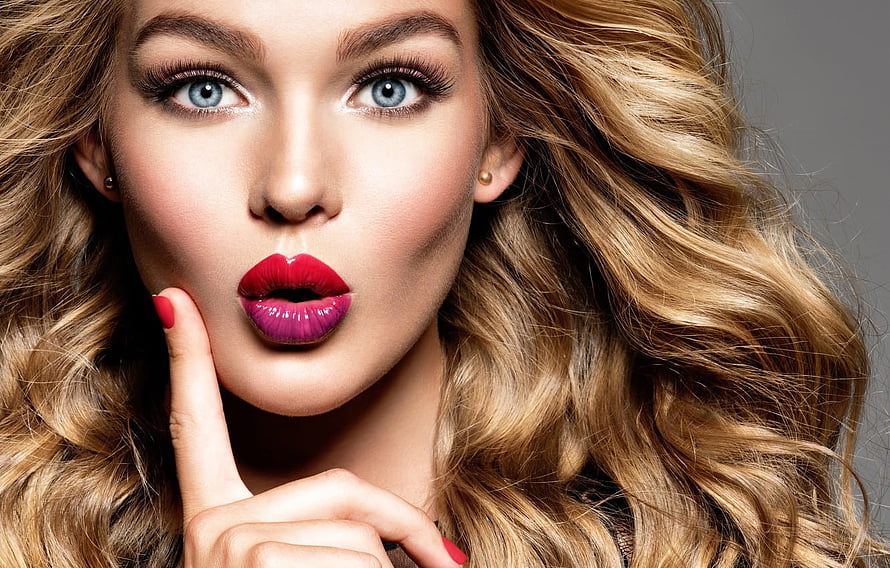 Blonde Beauty Portrait With Bold Red Lipstick And Finger To Lips Gesture HD wallpaper