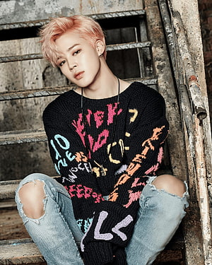 Park Jimin in Black Knit Sweater and Ripped Jeans Against Rusty Metal Background HD phone wallpaper