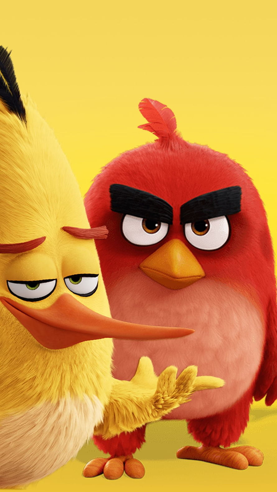 Angry Birds Movie 3D Character Art Featuring Red and Chuck on a Vibrant Yellow Background HD phone wallpaper