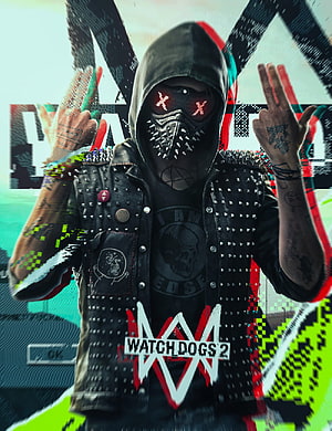 Watch Dogs 2 DedSec Hacker Character in Spiked Hoodie with Glitch Art Background HD phone wallpaper