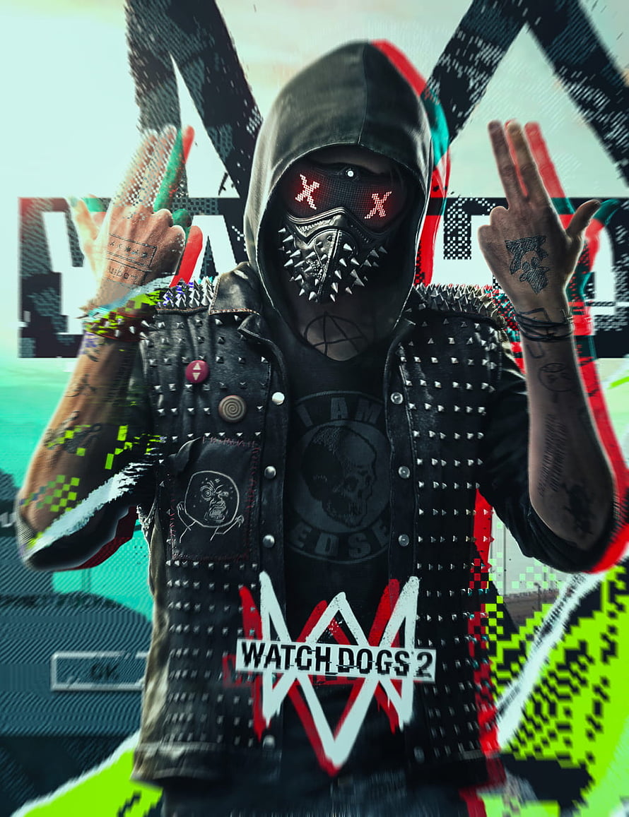 Watch Dogs 2 DedSec Hacker Character in Spiked Hoodie with Glitch Art Background HD phone wallpaper
