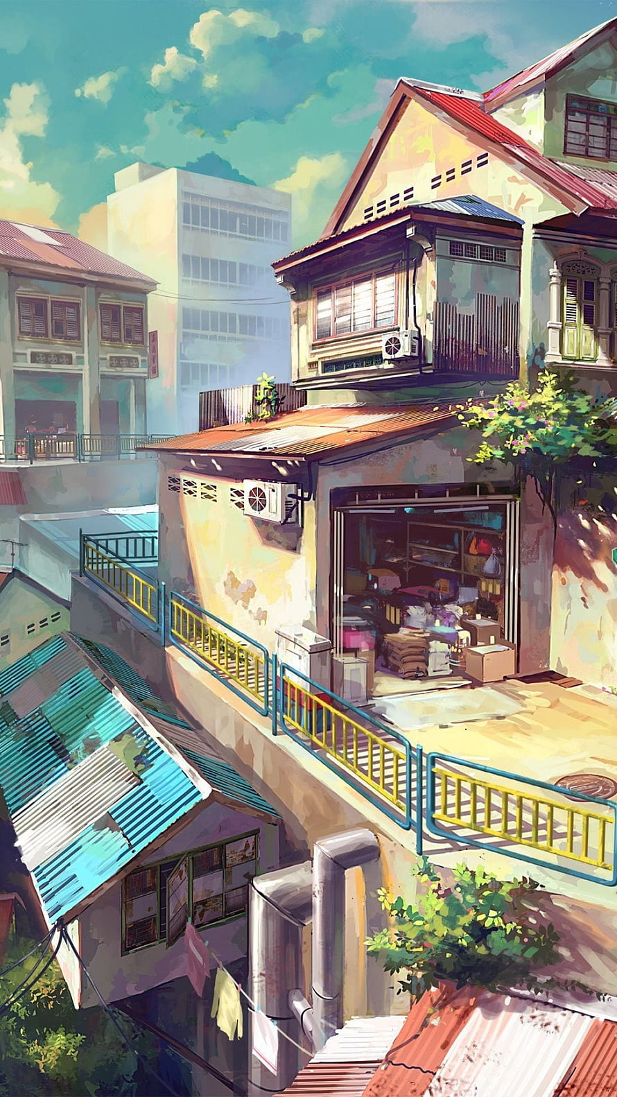 Anime Style Illustration of a Sunny Southeast Asian Street with Shophouses and Corrugated Roofs HD phone wallpaper