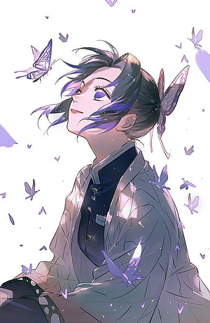 Shinobu Kocho from Demon Slayer Surrounded by Purple Butterflies in a Serene Anime Illustration HD phone wallpaper