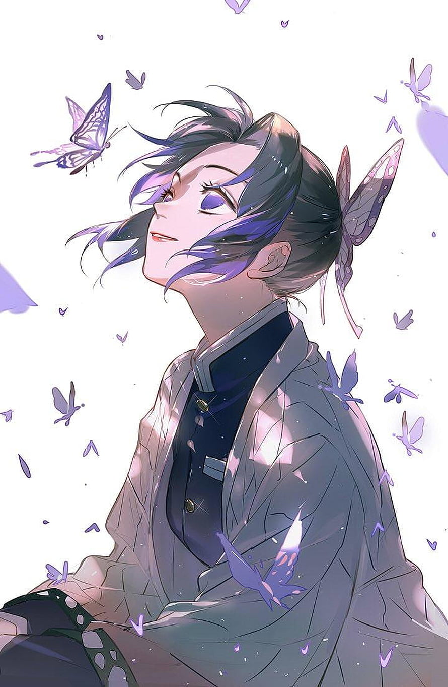 Shinobu Kocho from Demon Slayer Surrounded by Purple Butterflies in a Serene Anime Illustration HD phone wallpaper