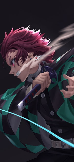 Demon Slayer Character with Red Hair and Katana in Dynamic Action Pose HD phone wallpaper