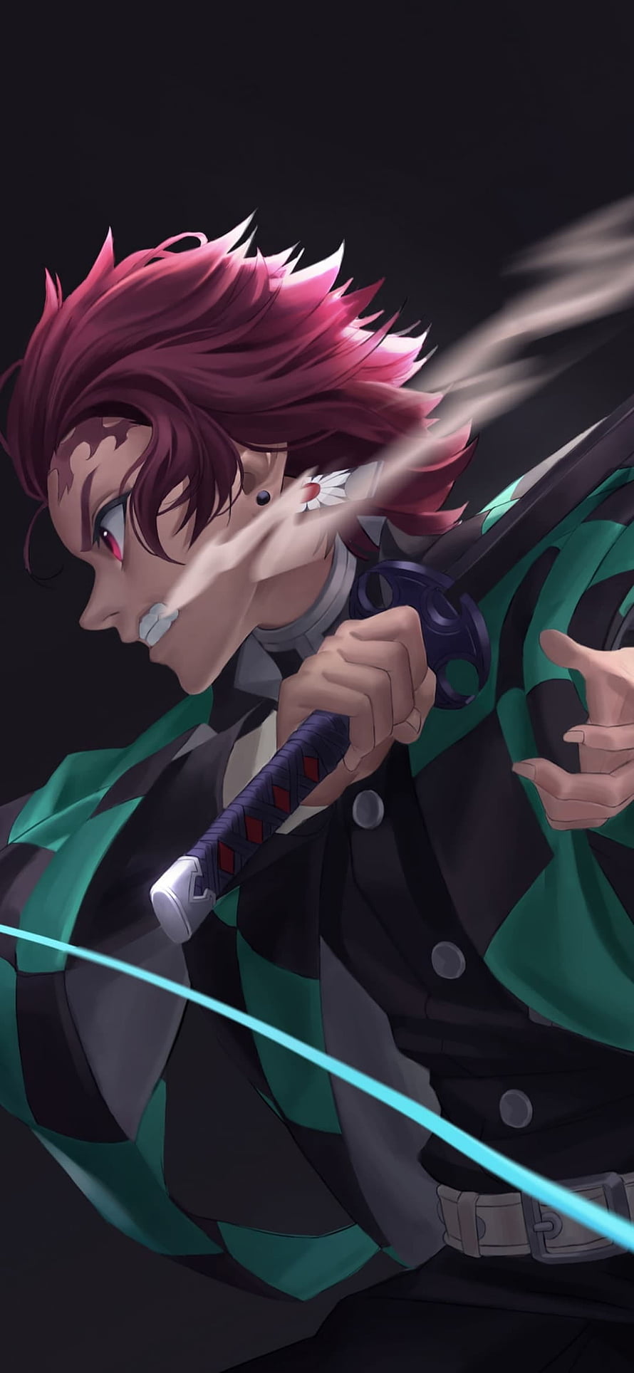 Demon Slayer Character with Red Hair and Katana in Dynamic Action Pose HD phone wallpaper