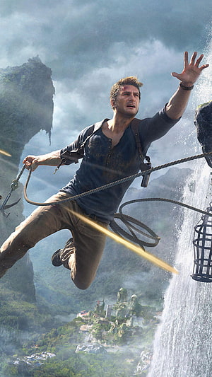 Nathan Drake leaping across a waterfall in Uncharted 4: A Thief's End cinematic action scene HD phone wallpaper