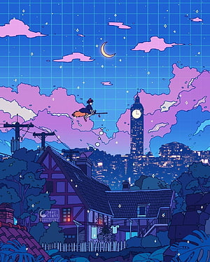 Seerlight Digital Doodle: Witch Flying Over a Cozy Nighttime Cityscape HD phone wallpaper
