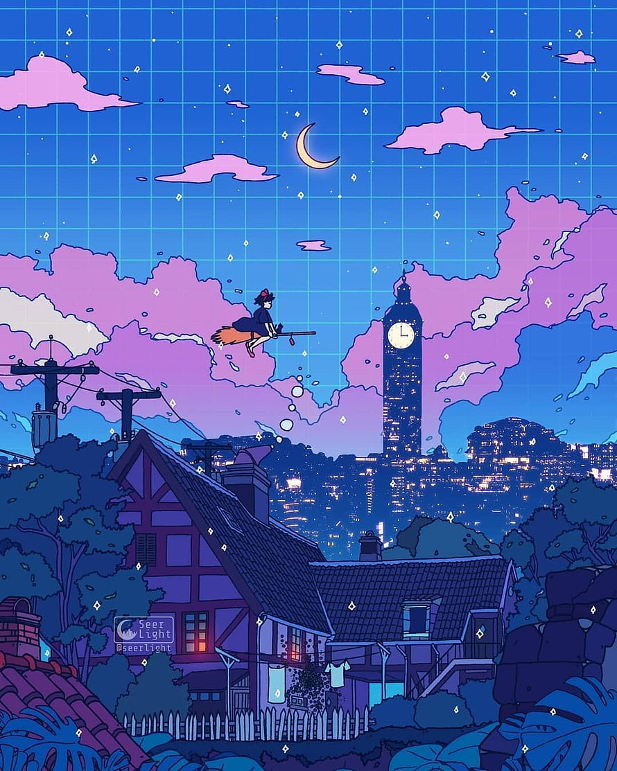 Seerlight Digital Doodle: Witch Flying Over a Cozy Nighttime Cityscape HD phone wallpaper