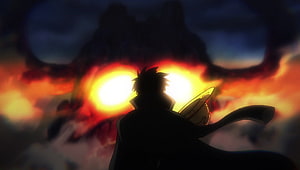 One Piece Silhouette Character Facing Onigashima Fire Explosion HD wallpaper