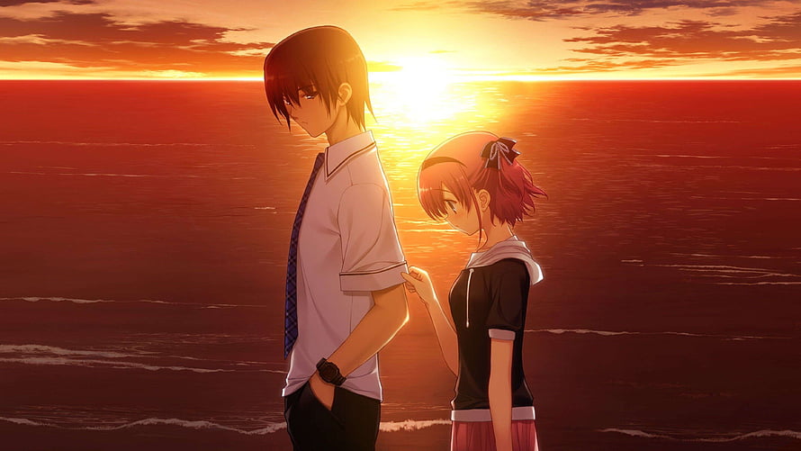 Anime Couple Standing Back to Back at Sunset by the Ocean HD wallpaper