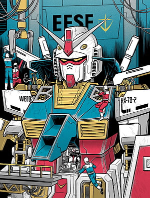 Gundam RX-78-2 in EFSF Hangar with Maintenance Crew and Industrial Detail HD phone wallpaper