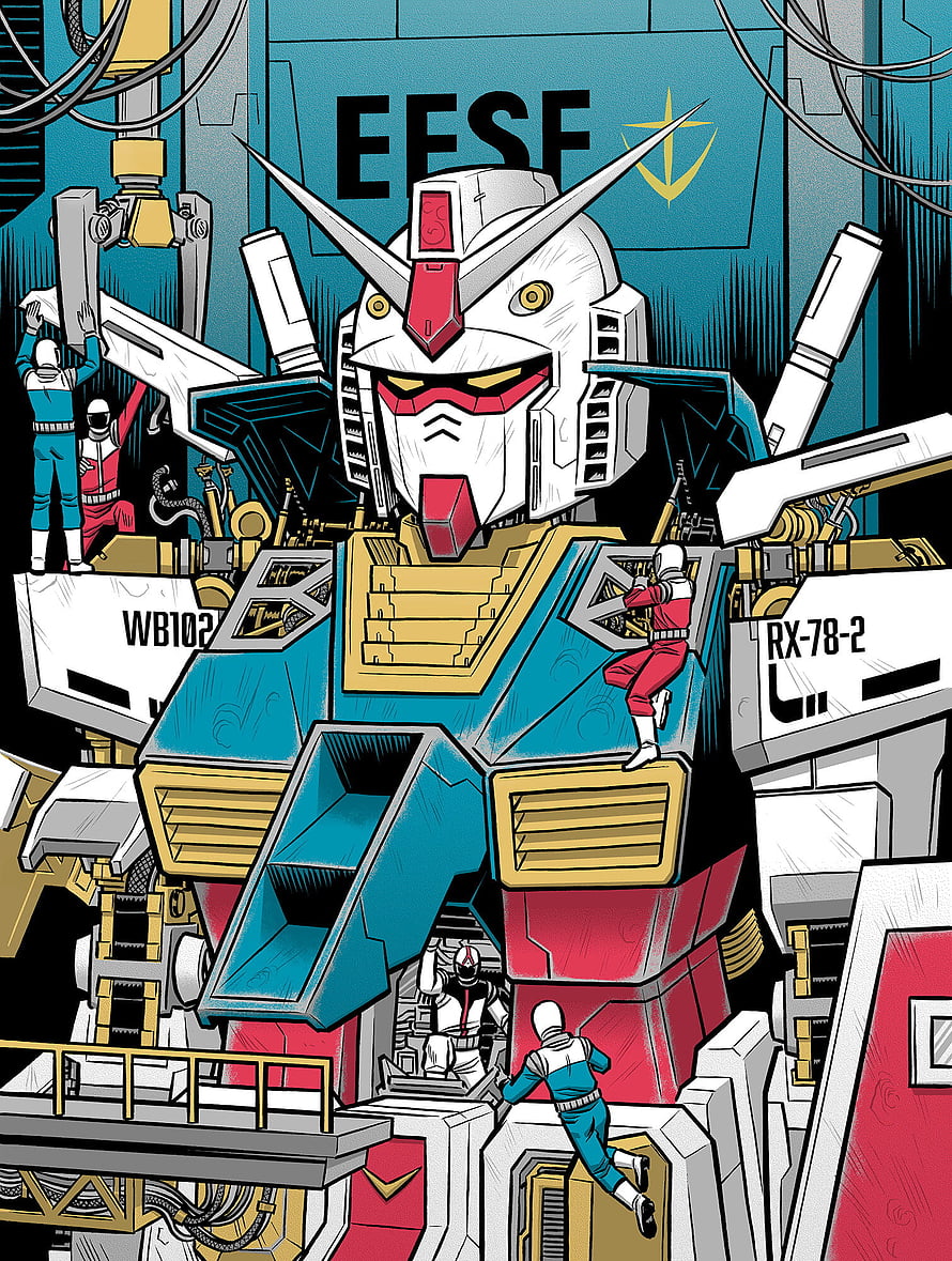 Gundam RX-78-2 in EFSF Hangar with Maintenance Crew and Industrial Detail HD phone wallpaper