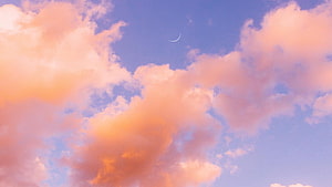 Crescent Moon Above Soft Pink and Orange Clouds in a Pastel Blue Sky HD wallpaper