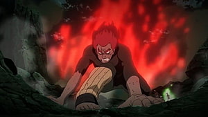 Might Guy Crouching in Dark Cavern with Intense Red Aura and Fierce Expression HD wallpaper