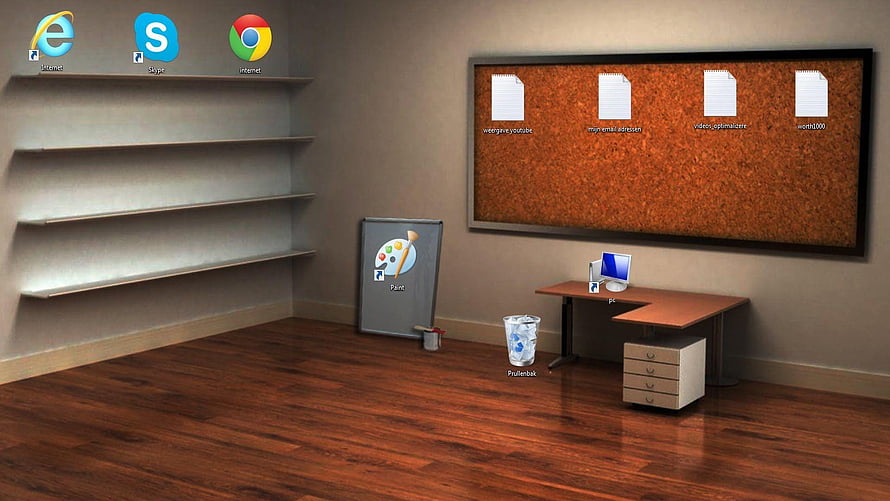 3D Virtual Office Desktop with Corkboard, Shelves, and Computer Icons HD wallpaper