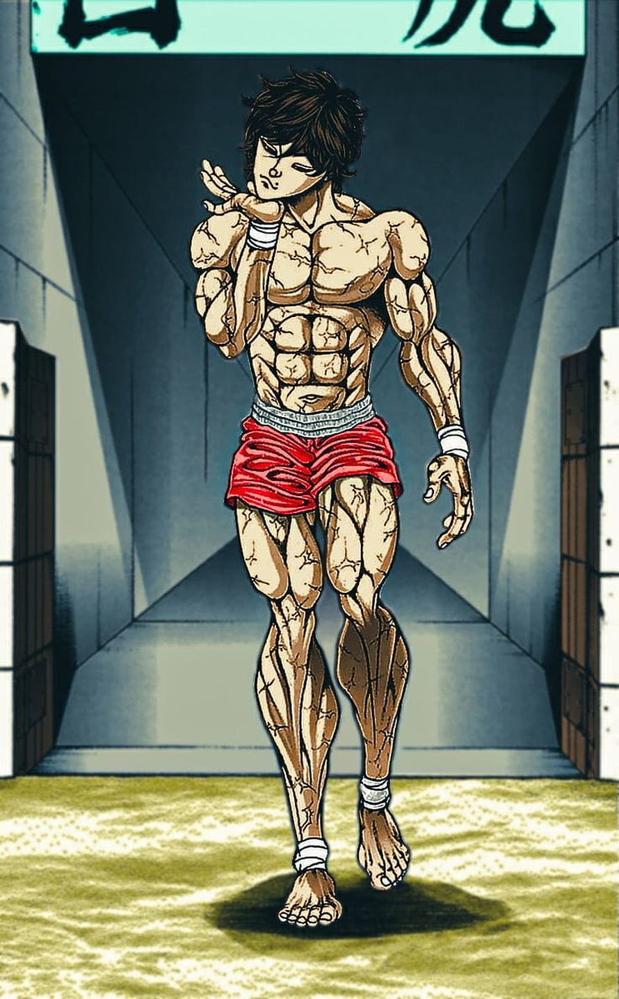 Baki Hanma in red shorts standing in a dojo with cracked skin and intense muscular definition HD phone wallpaper