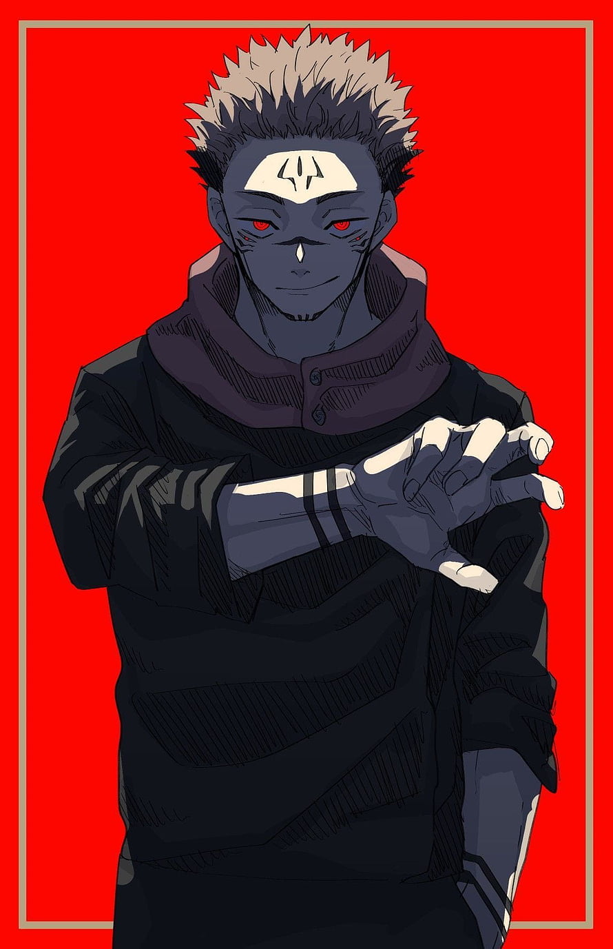 Sukuna Anime Character Portrait With Red Eyes And Dark Attire On Red Background HD phone wallpaper