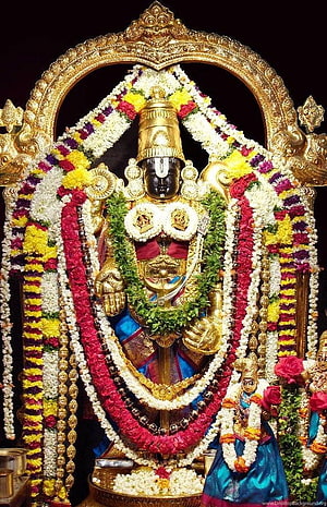 Ornate Venkateswara Swamy deity adorned with vibrant flower garlands and golden temple arch HD phone wallpaper