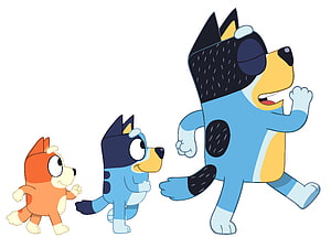 Bluey, Bingo, and Bandit Heeler Family Running Together in Bright Cartoon Style HD wallpaper