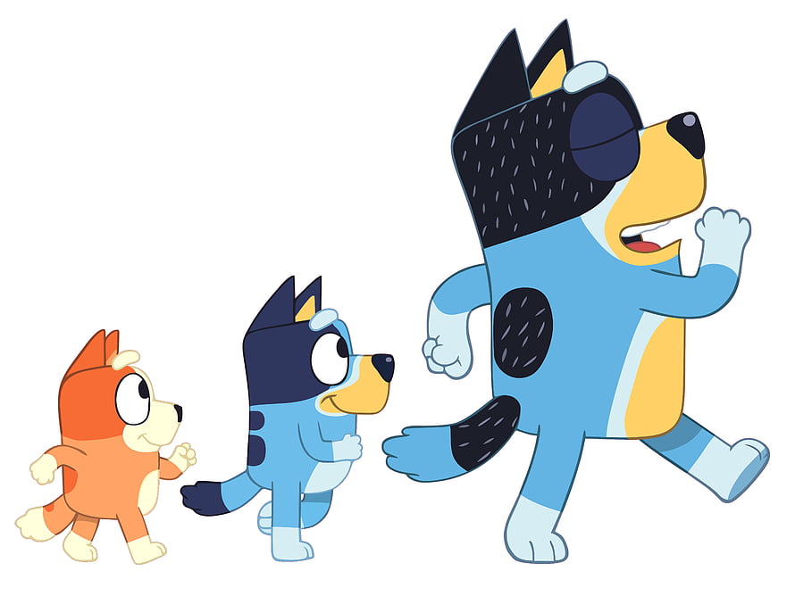 Bluey, Bingo, and Bandit Heeler Family Running Together in Bright Cartoon Style HD wallpaper