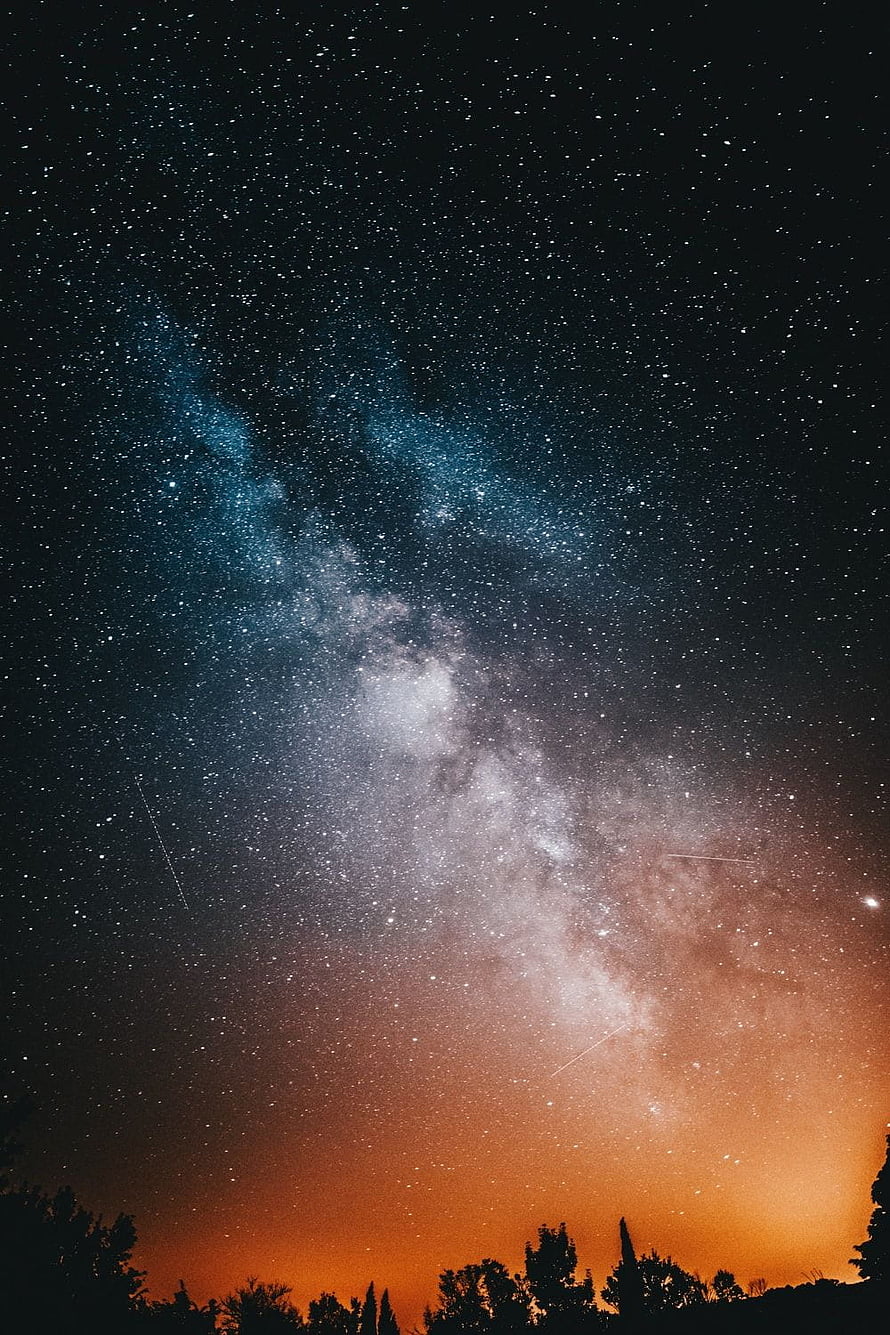 Milky Way Galaxy Arching Over Silhouetted Forest Horizon at Night HD phone wallpaper