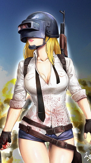 Blonde Female Soldier in Riot Helmet and White Shirt with Rifle on Back HD phone wallpaper