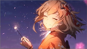 Yoimiya from Genshin Impact holding a sparkler under a twilight sky with falling petals HD wallpaper