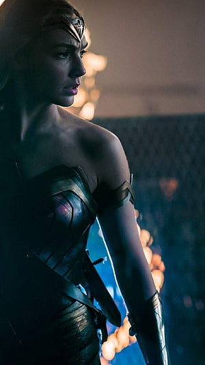 Wonder Woman in Dark Armor with Tiara and Bracelet in Cinematic Profile HD phone wallpaper