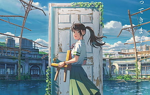 Suzume no Tojimari anime girl standing in a weathered door frame overlooking a flooded ruined city HD wallpaper