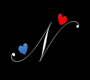 Elegant White Letter M Monogram with Red and Blue Hearts on Black Background HD wallpaper
