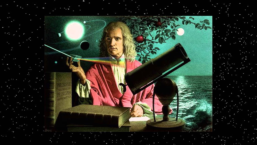 Isaac Newton Portrait with Prism, Telescope, and Principia Mathematica in a Cosmic Setting HD wallpaper