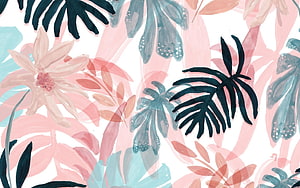 Pastel Pink and Teal Watercolor Tropical Floral Pattern with Monstera Leaves HD wallpaper