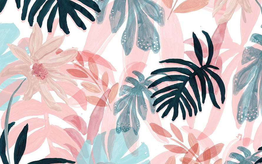 Pastel Pink and Teal Watercolor Tropical Floral Pattern with Monstera Leaves HD wallpaper