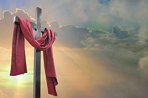 Wooden Christian Cross with Red Cloth Against Dramatic Cloudy Sky HD wallpaper