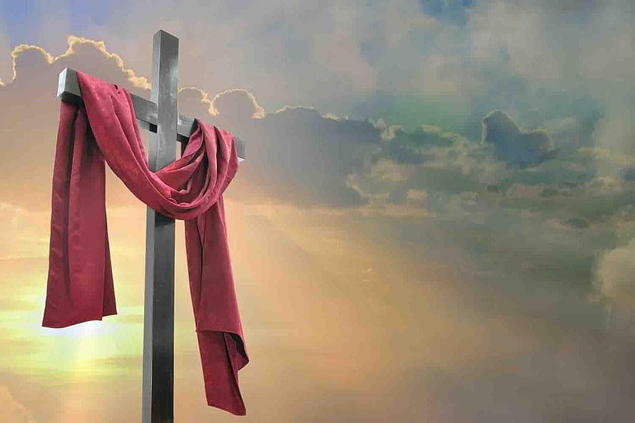 Wooden Christian Cross with Red Cloth Against Dramatic Cloudy Sky HD wallpaper