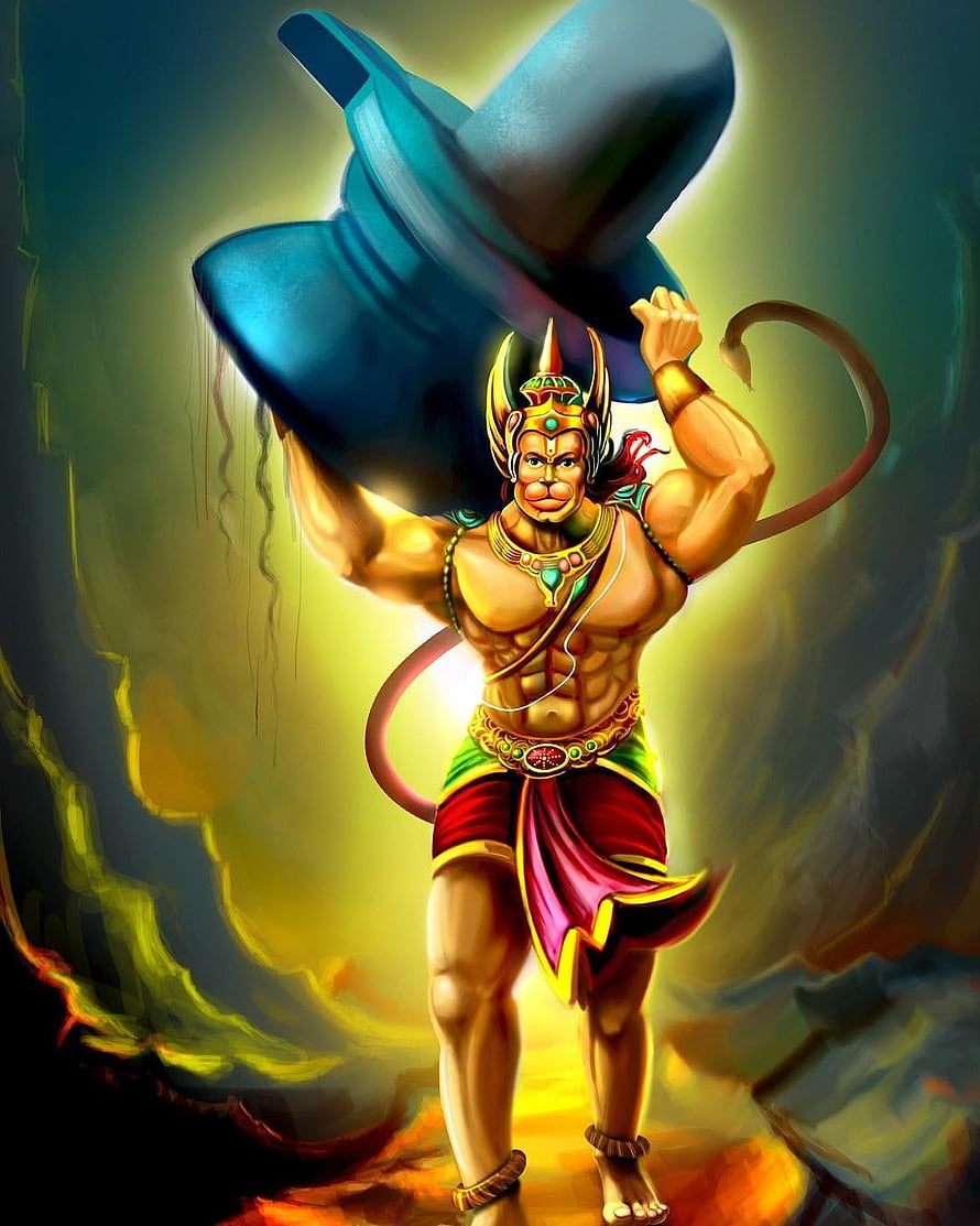 Hanuman Carrying Mountain in Vibrant Digital Art Style HD phone wallpaper
