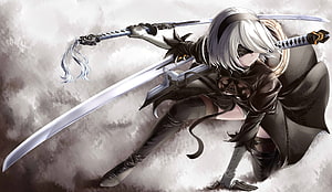 Nier Automata 2B Dual Wielding Katana in Dynamic Combat Pose HD wallpaper