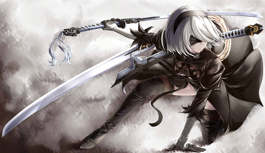 Nier Automata 2B Dual Wielding Katana in Dynamic Combat Pose HD wallpaper