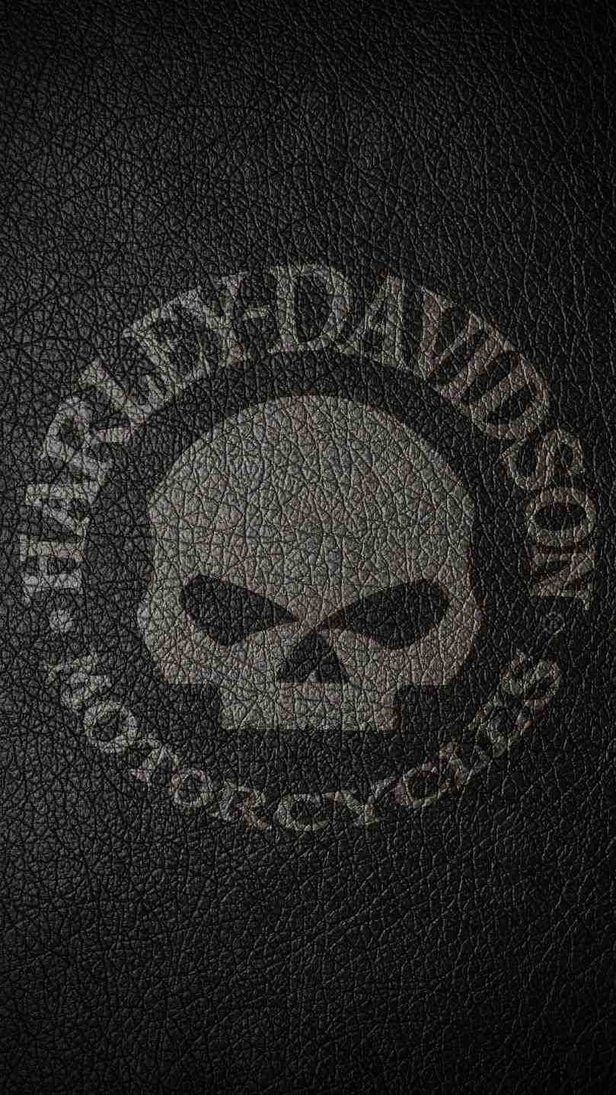 Harley-Davidson Skull Emblem on Black Leather Texture HD phone wallpaper