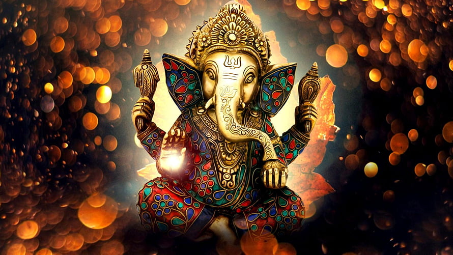 Ornate Golden Lord Ganesha Digital Art with Bokeh Background HD wallpaper