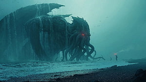 Cthulhu Rising From The Ocean On A Dark Beach With A Lone Figure Holding A Flare HD wallpaper